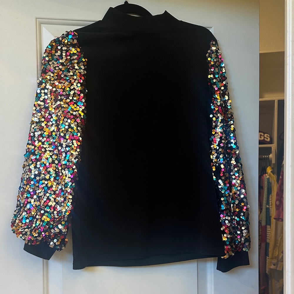 Black Sequin Sleeve Mock Neck Top